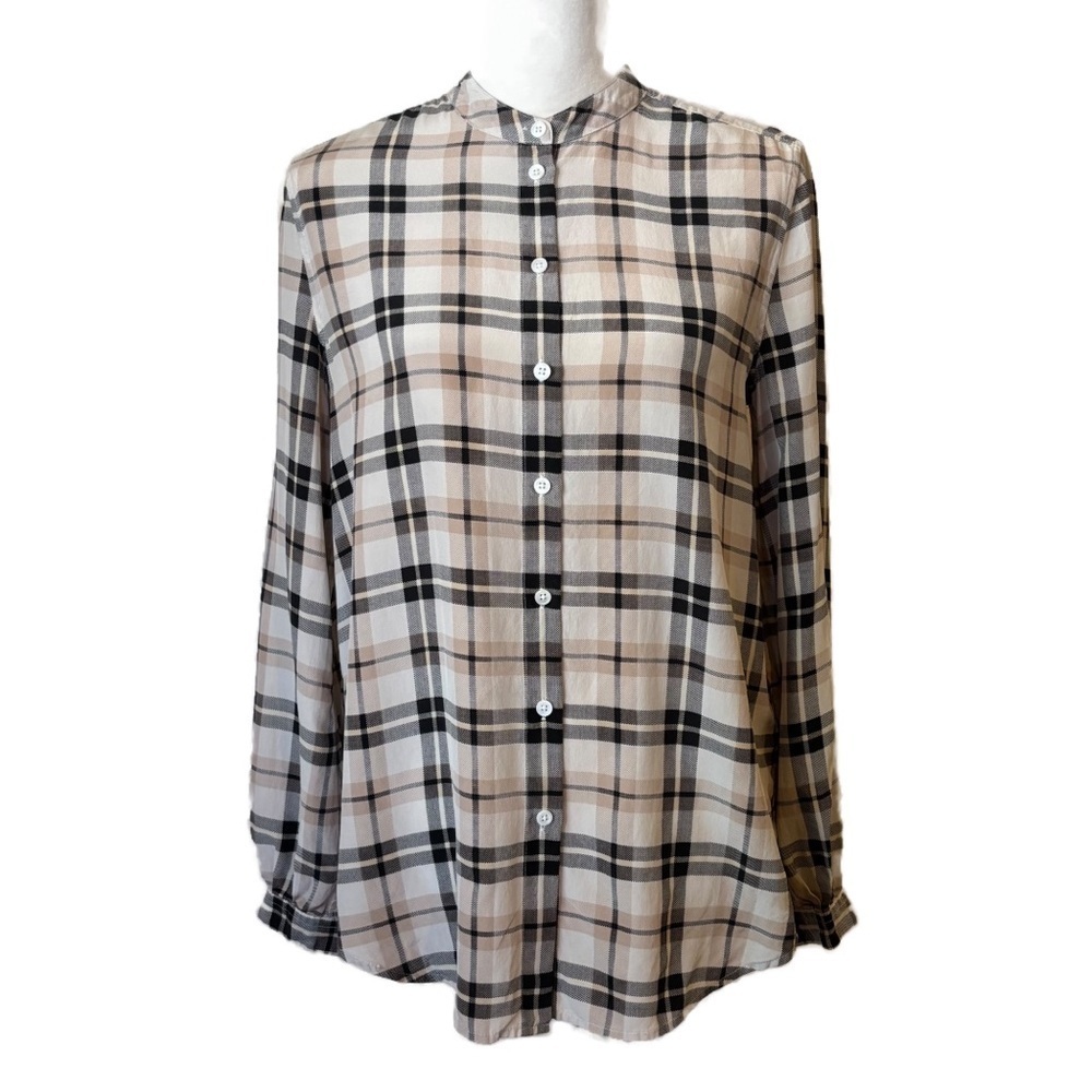 Equipment Femme Silk Plaid Button Down Long Sleeve Shirt Mandarin Collar Small